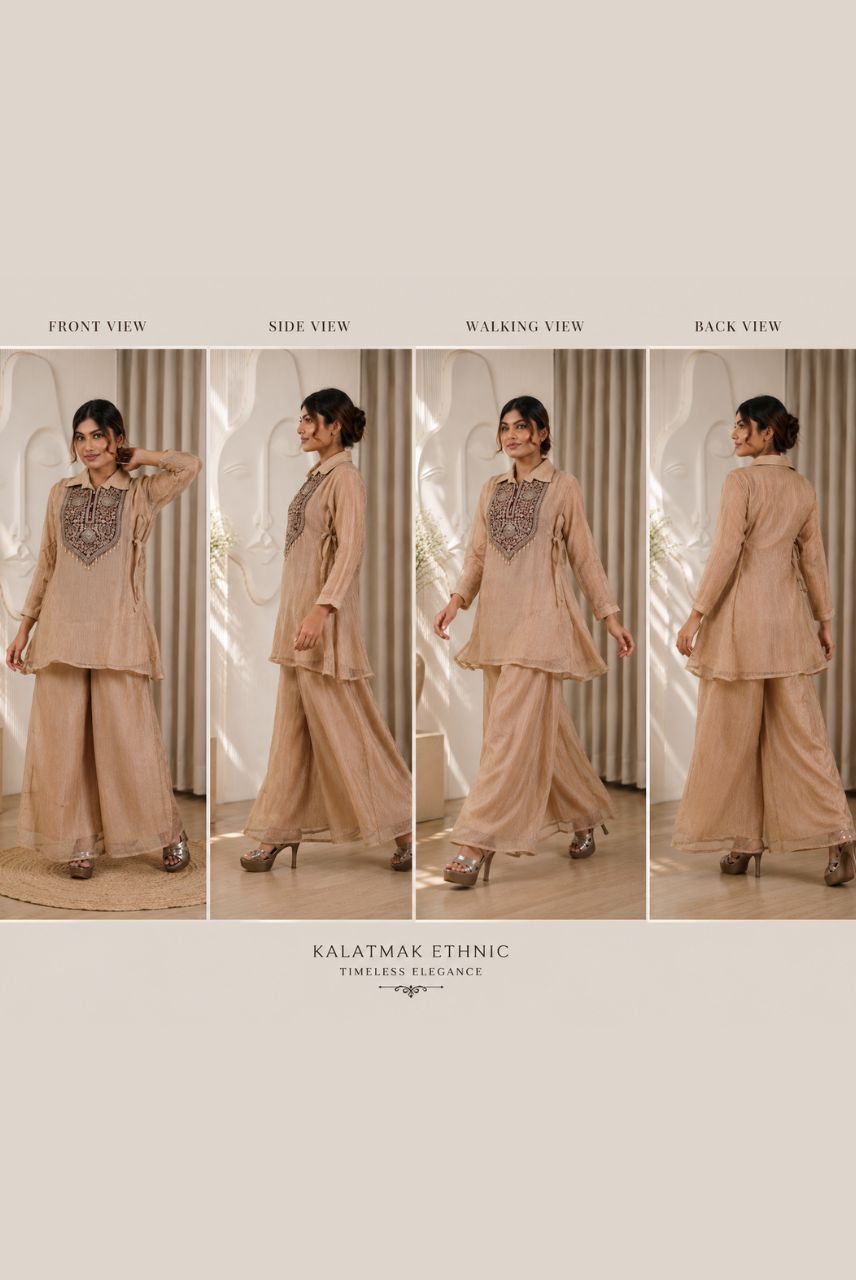 Beige Salsa Fabric Embroidered Kaftan Set with Palazzo