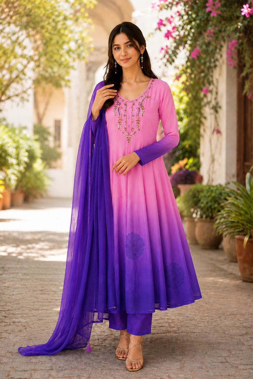 Pink Purple Ombre Embroidered Anarkali Kurta Set with Dupatta