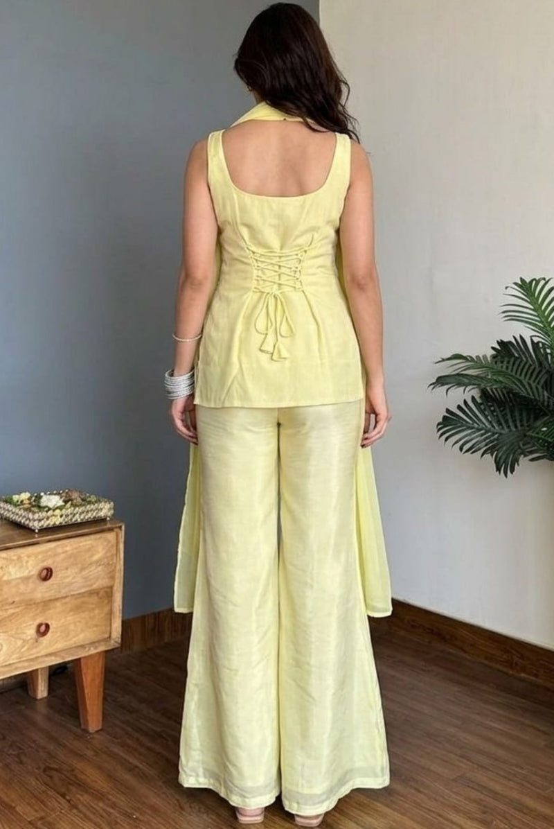 Pastel Yellow Floral Embroidered Faux Georgette Sharara Set