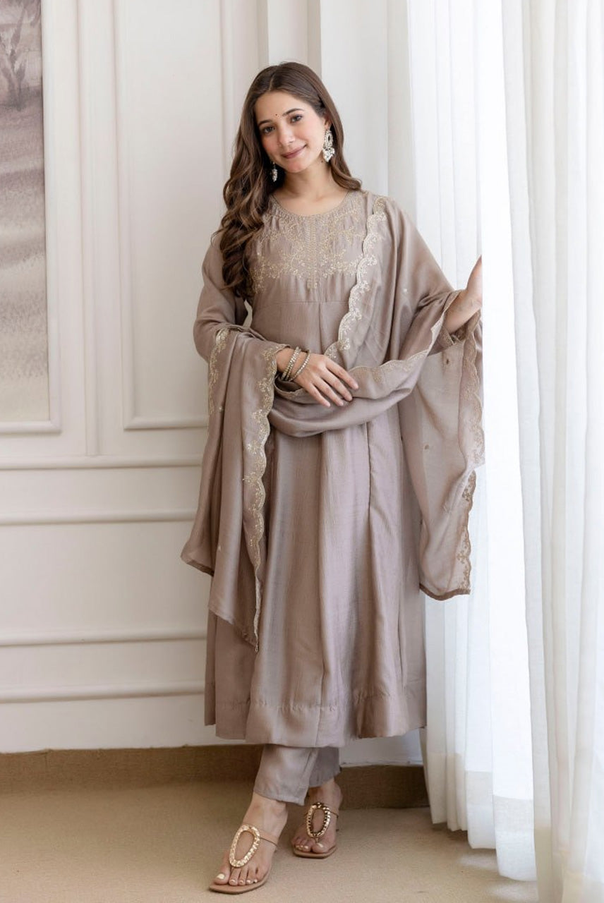 Taupe Embroidered A-Line Kurta Set with Dupatta