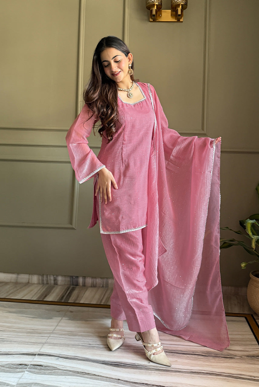 Blush Pink Embellished Kurta Pant Set with Dupatta