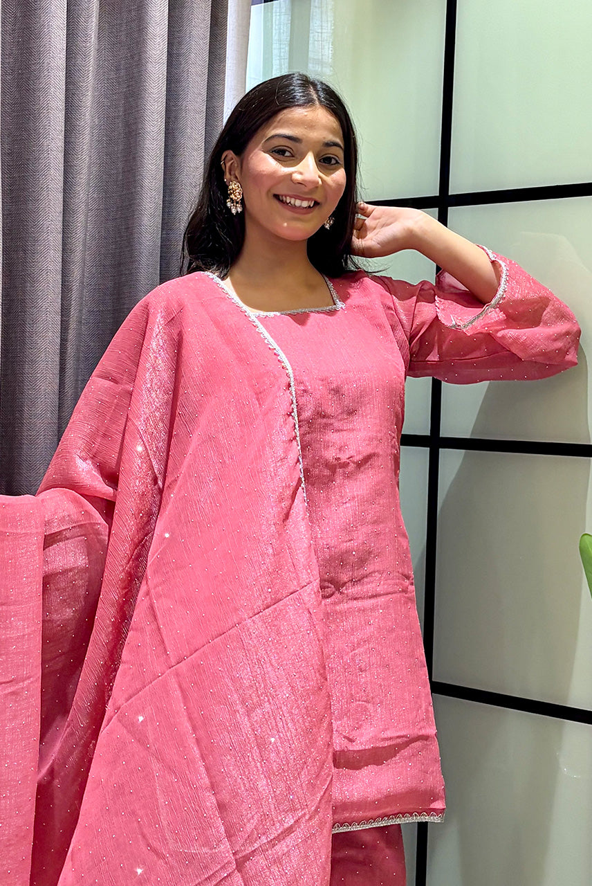 Blush Pink Embellished Kurta Pant Set with Dupatta