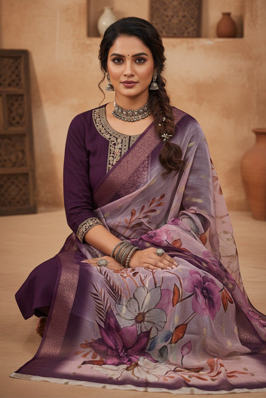 Lavender Bloom Floral Printed Kurta Set with Organza Dupatta