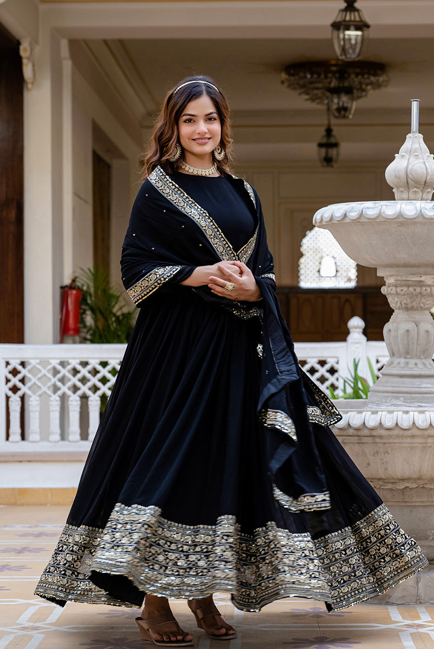 Midnight Black Embroidered Anarkali Gown with Dupatta