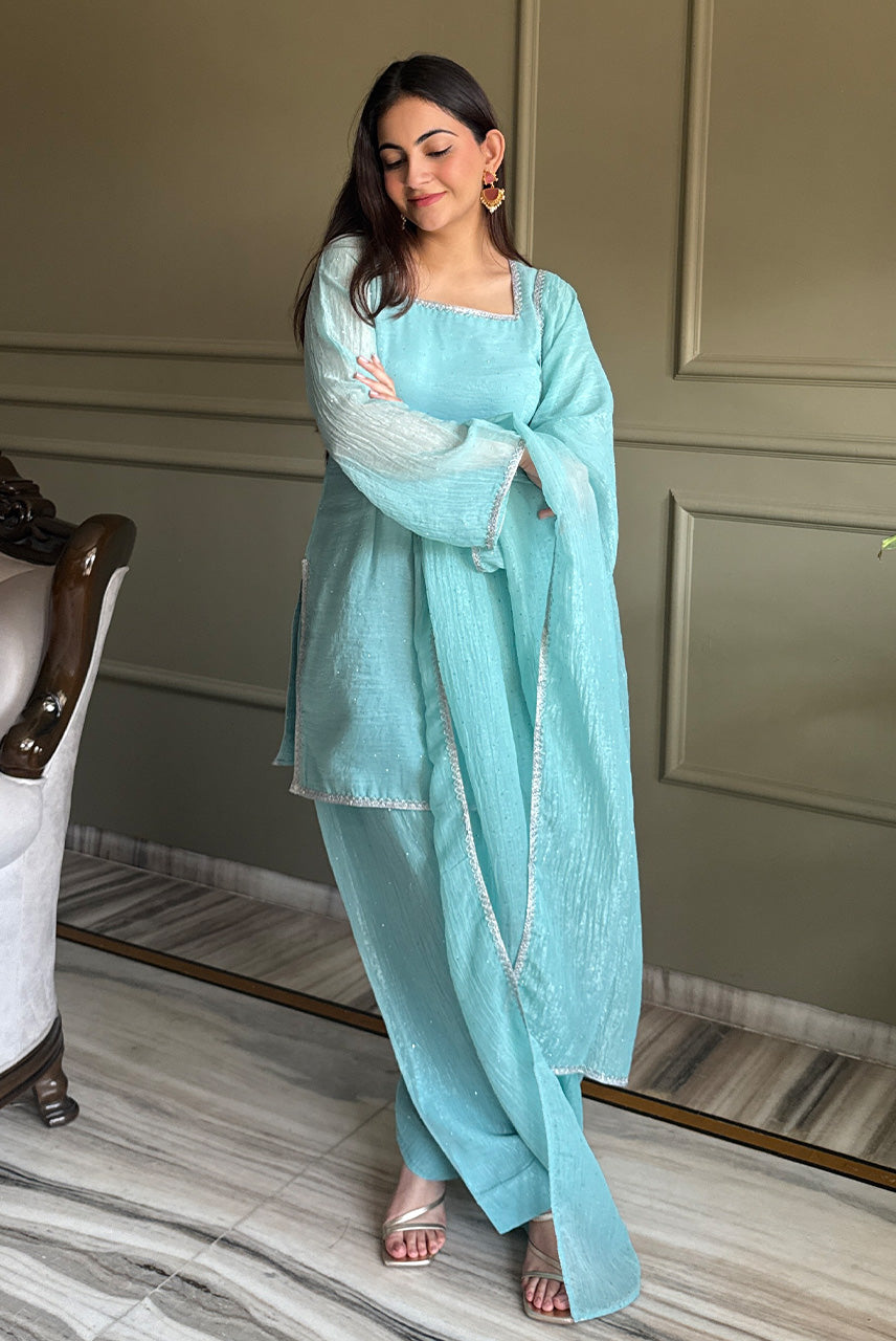 Powder Blue Embellished Kurta Palazzo Set with Dupatta