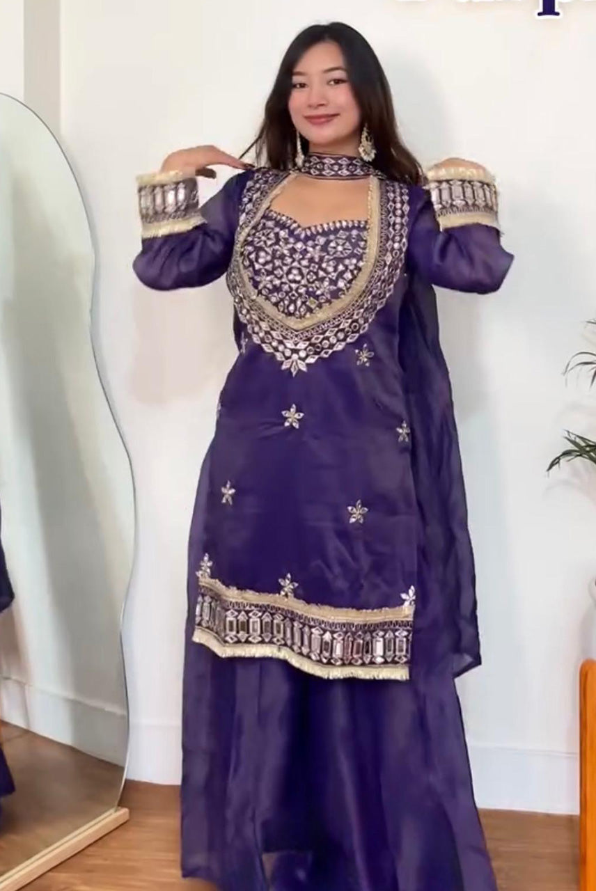 Noor-E-Afreen Purple Mirror Work Sharara Set