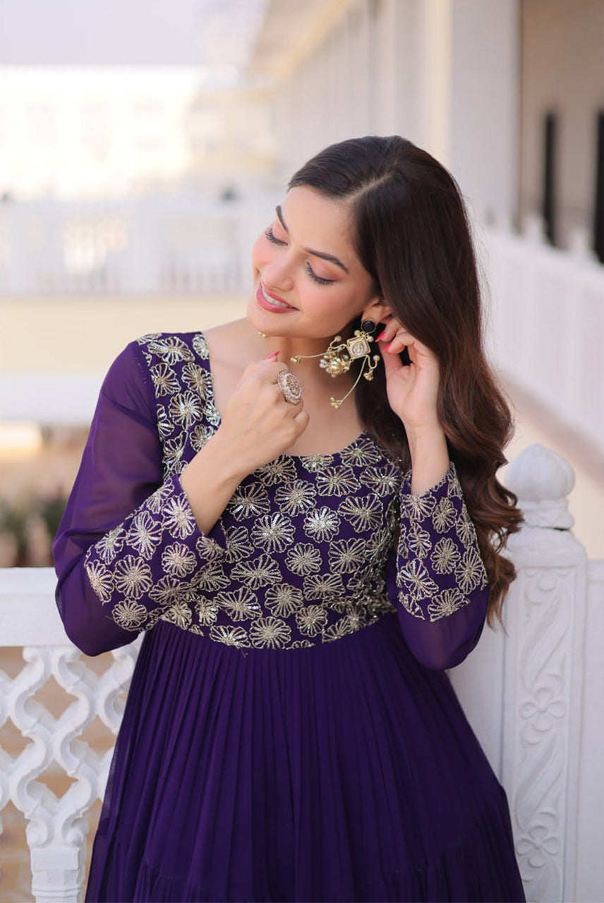 Royal Purple Embroidered Flared Anarkali Gown