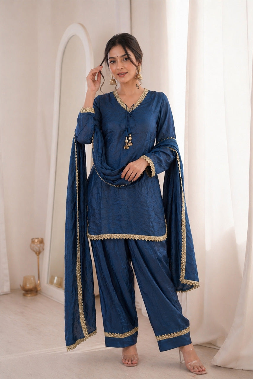 Royal Blue Lace Detailed Kurta Pant Set with Dupatta