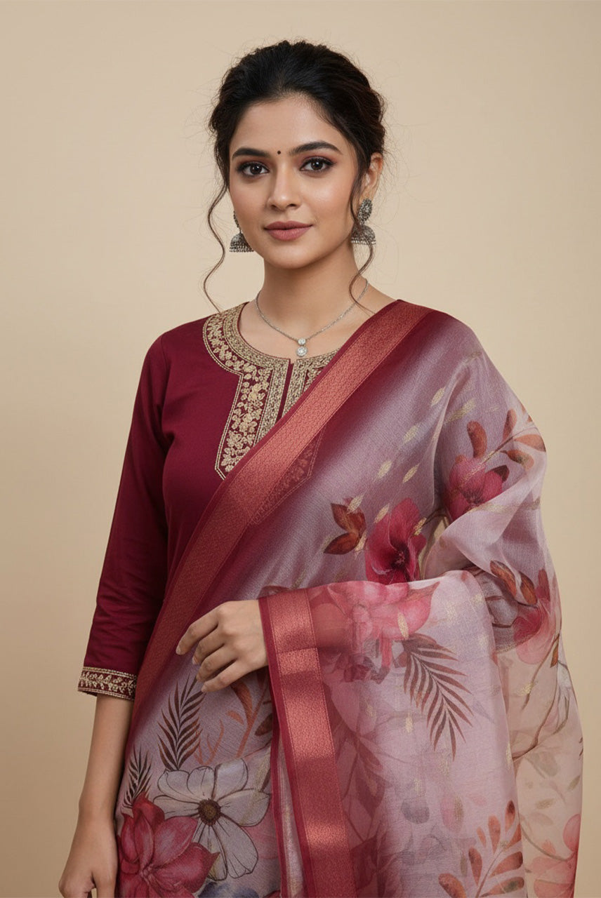 Ruby Bloom Floral Organza Dupatta Kurta Set