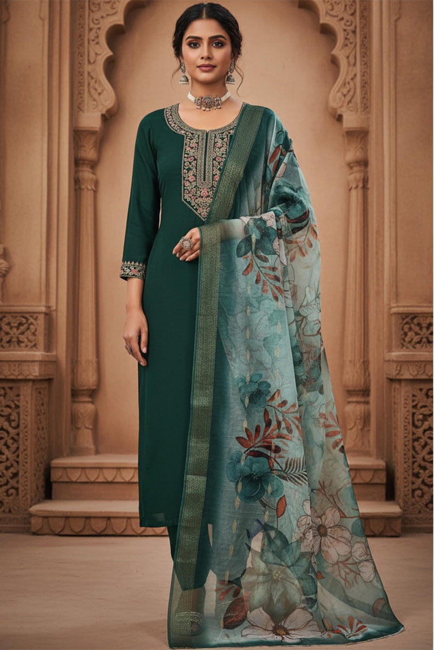 Emerald Mist Floral Organza Dupatta Kurta Set