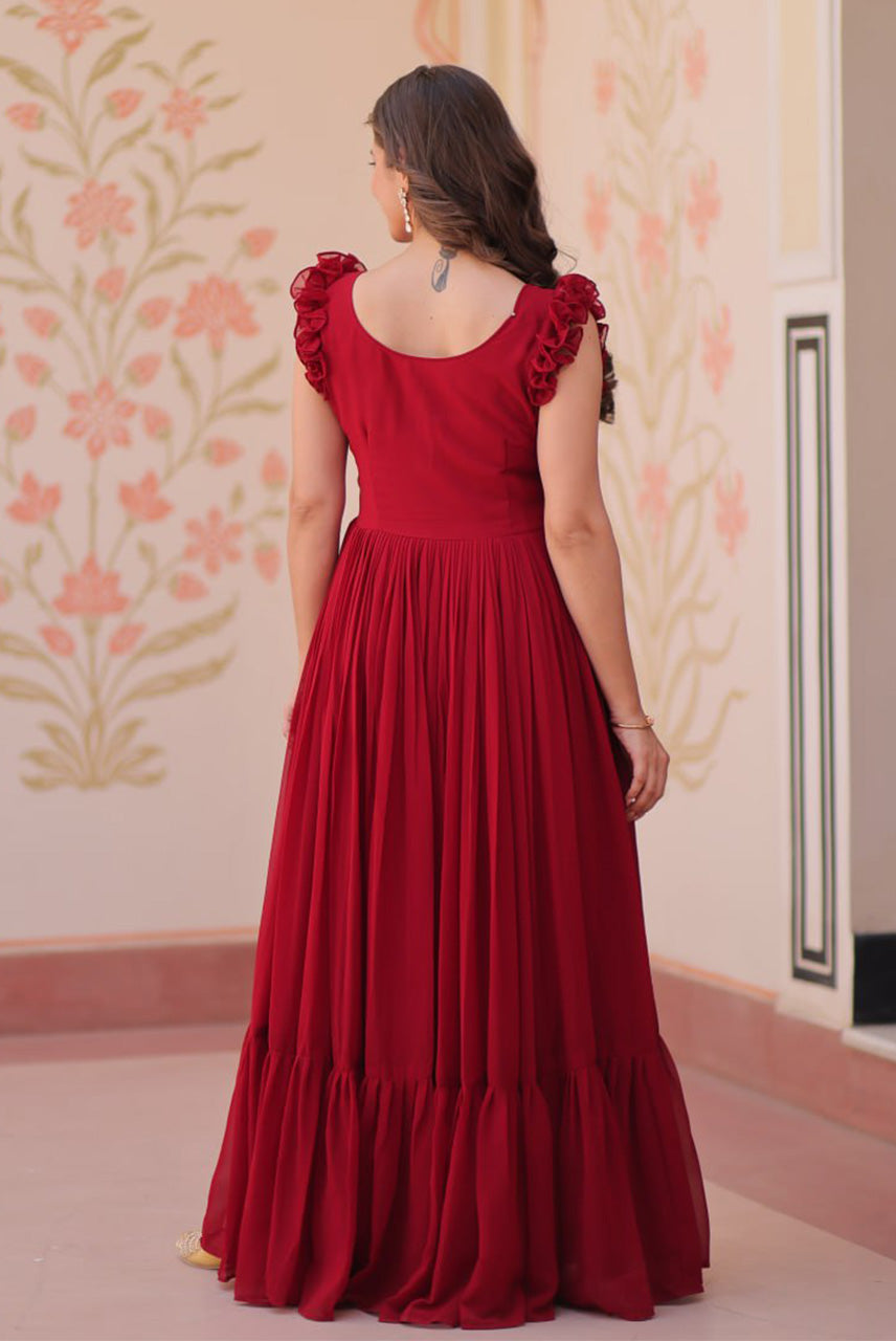 Ruby Red Butterfly Embellished Flared Anarkali Gown