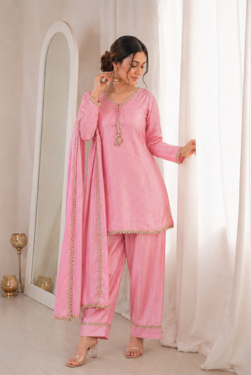 Blush Pink Embellished Kurta Pant Set with Dupatta