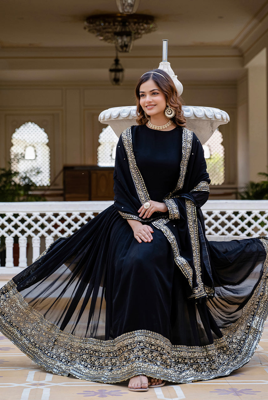 Midnight Black Embroidered Anarkali Gown with Dupatta