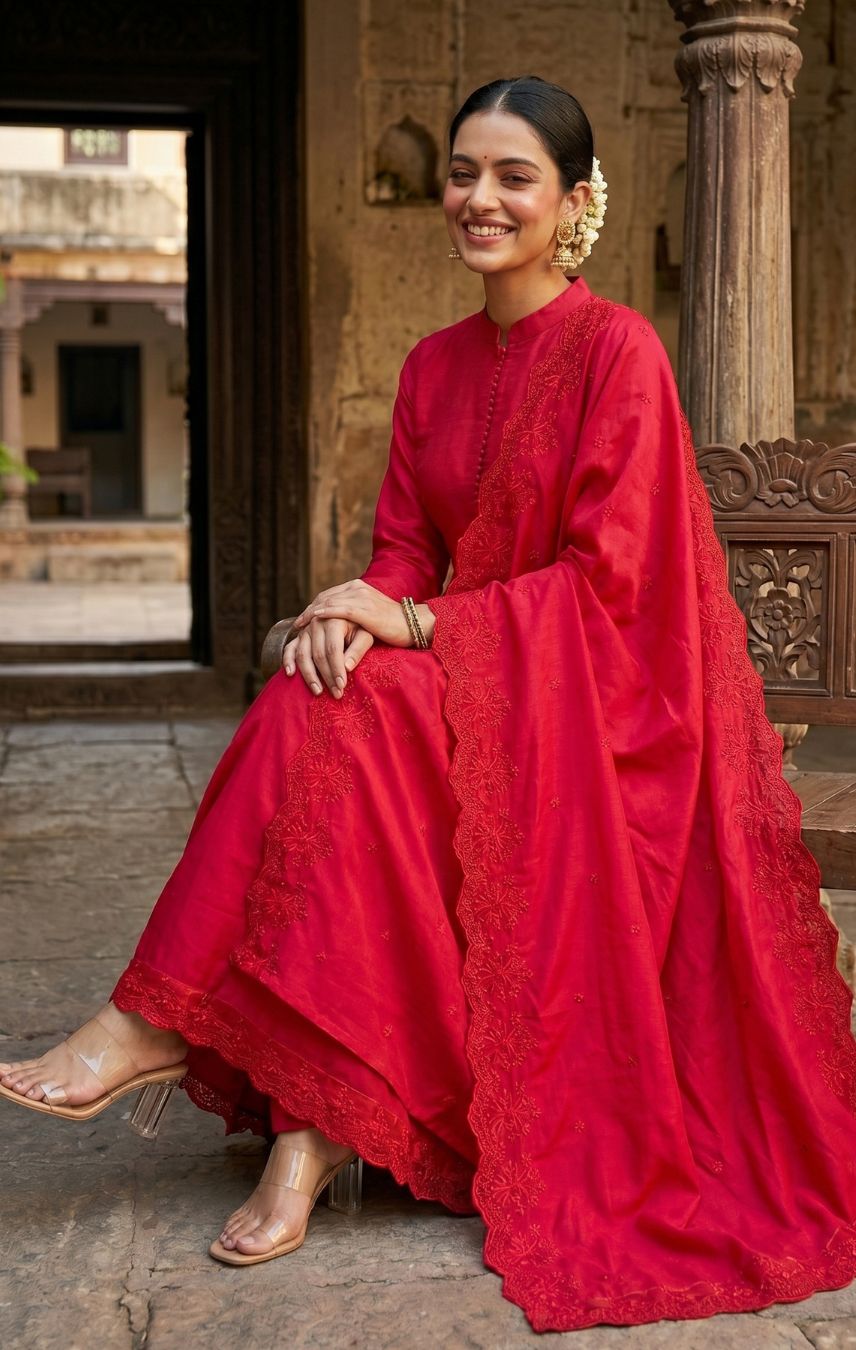 Ruhani Crimson Red Anarkali Kurta Set with Designer Dupatta