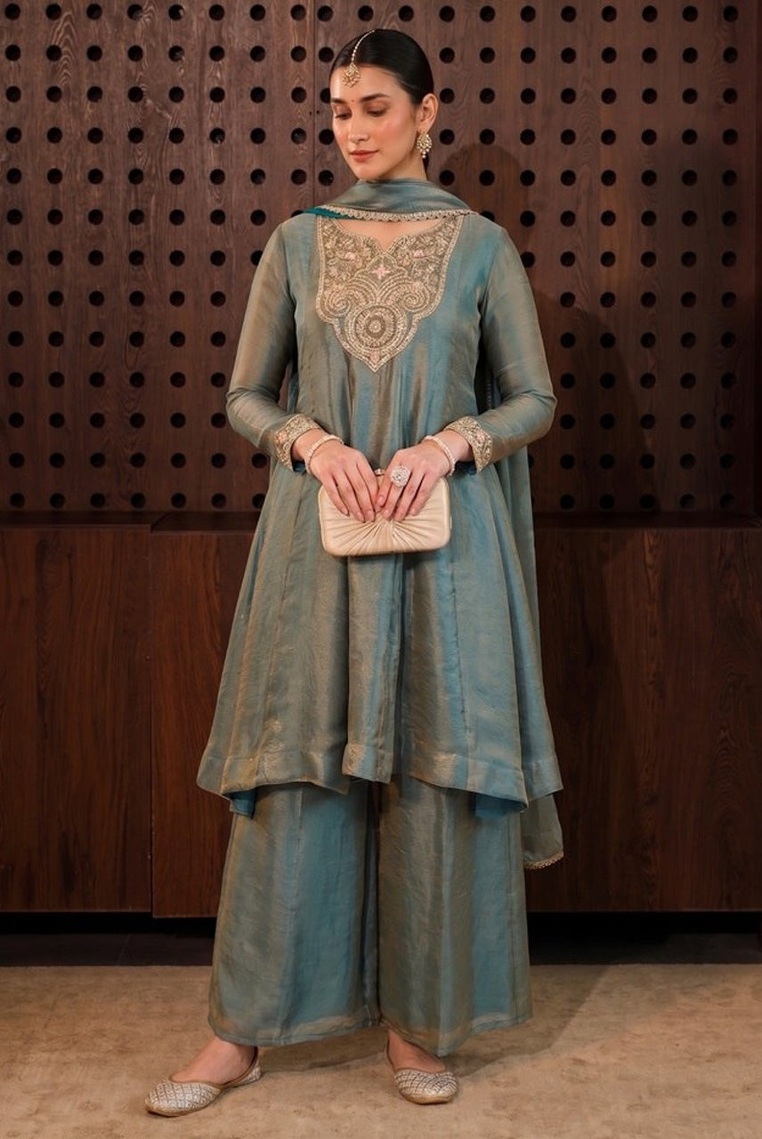Dusty Sage Green Embroidered A-Line Kurta Palazzo Set with Dupatta
