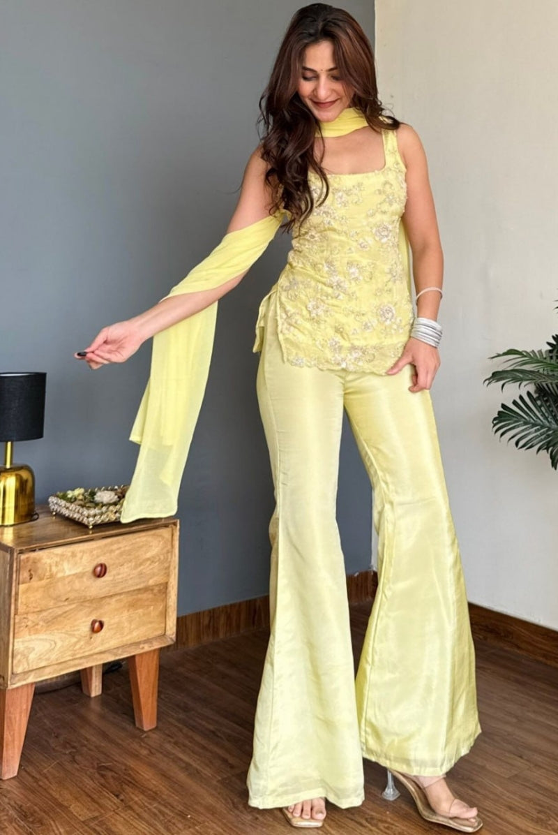 Pastel Yellow Floral Embroidered Faux Georgette Sharara Set