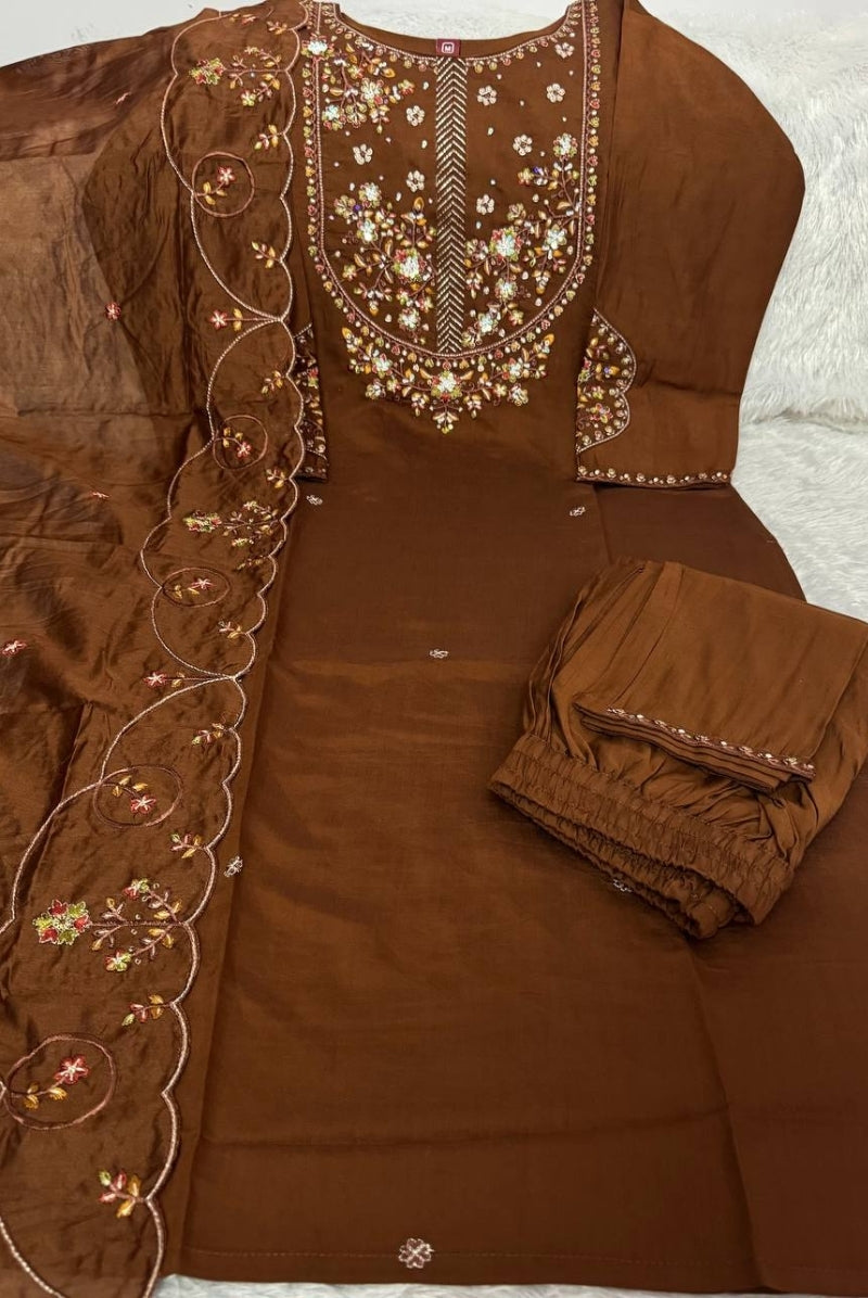 Chocolate Brown Marina Silk Embroidered Suit Set with Dupatta