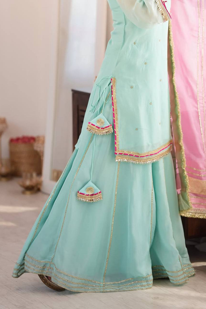 Gulnaar Aqua Sharara Set with Pink Embellished Dupatta