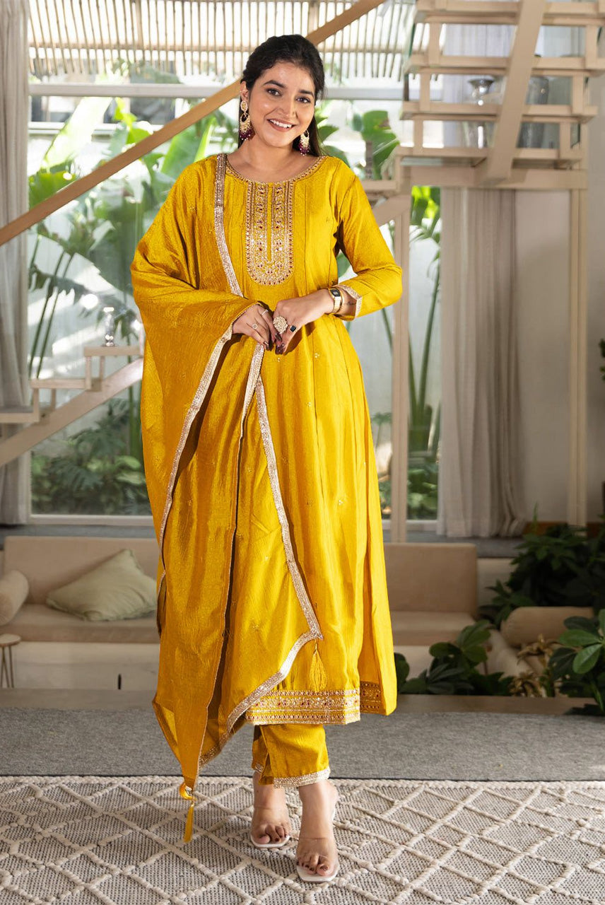 Mustard Yellow Embroidered Kurta Set with Dupatta
