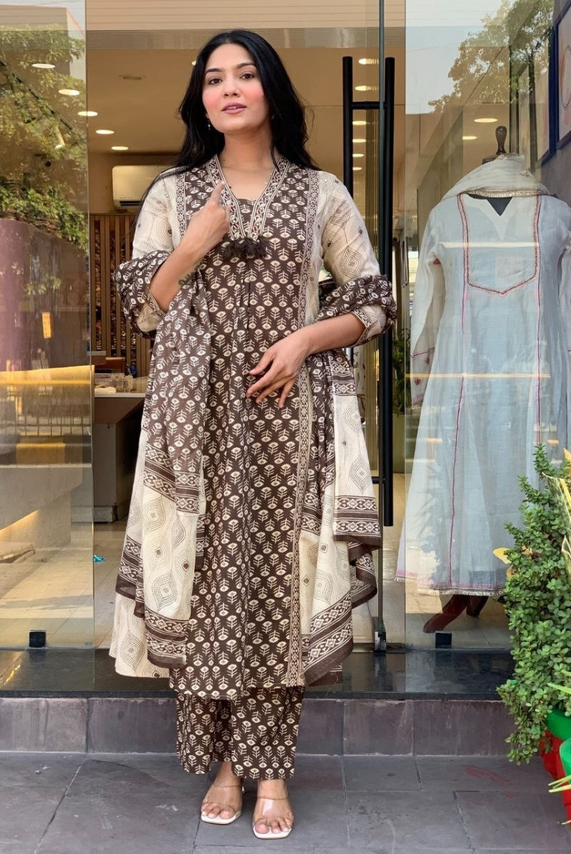 Brown & Ivory Printed Jaipur Cotton Suit Set with Dupatta