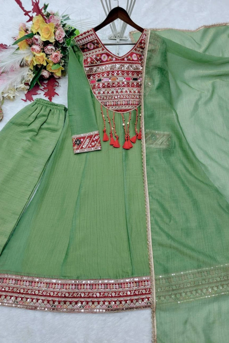 Sage Green Embroidered Salsa Crush Silk Anarkali Pant Dupatta Set