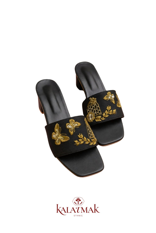 Black Golden Embroidered Block Heel Sandals