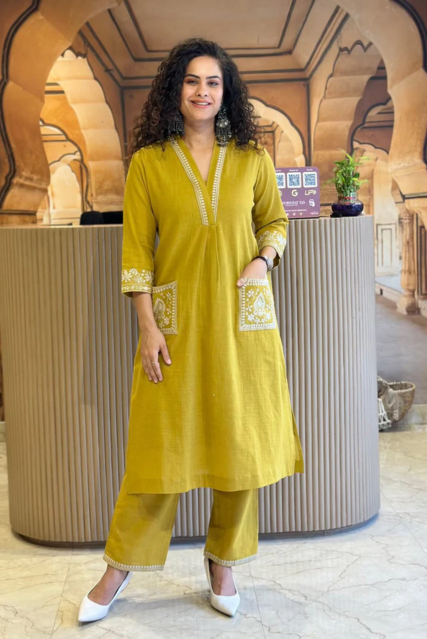 Mustard Charm Embroidered Cotton Kurta Set