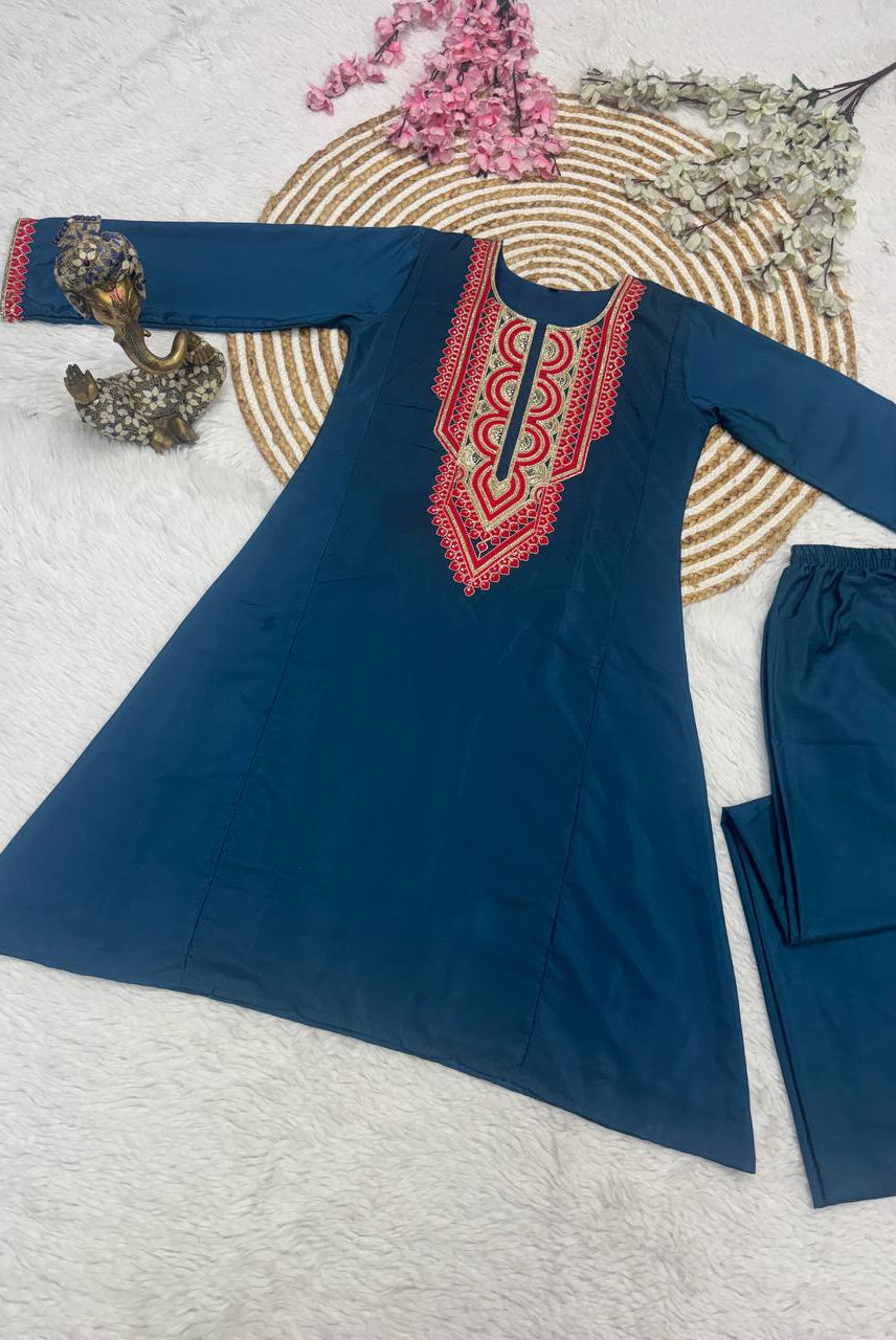 Teal Blue Embroidered Kurta Set with Palazzo
