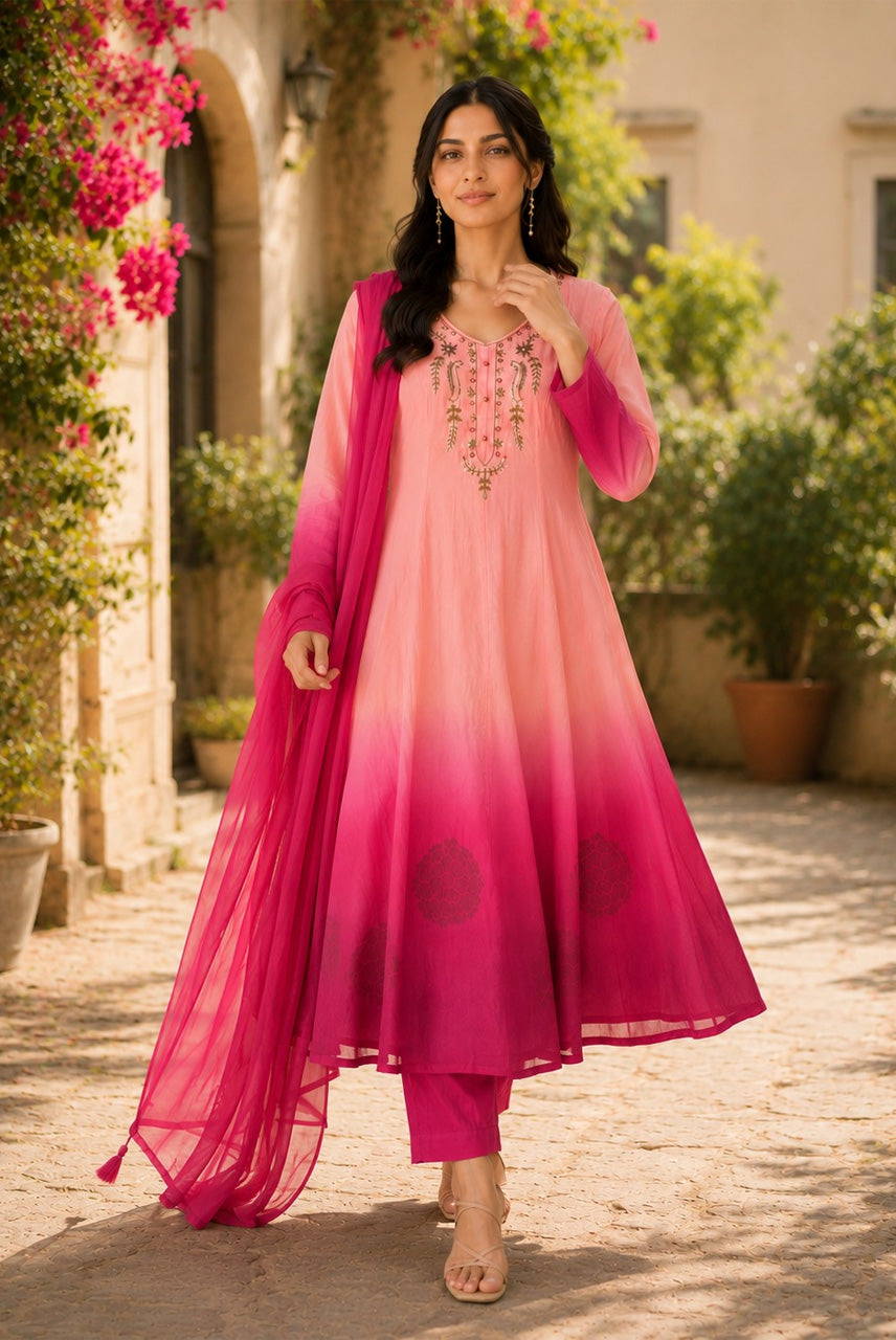 Ombre Pink Embroidered Anarkali Kurta Set with Dupatta