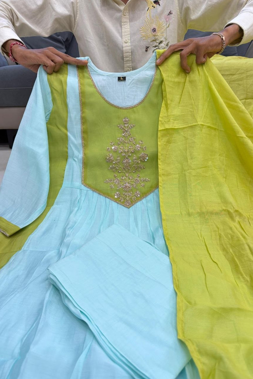 Lime Green & Mint Embroidered Anarkali Kurta Set with Dupatta