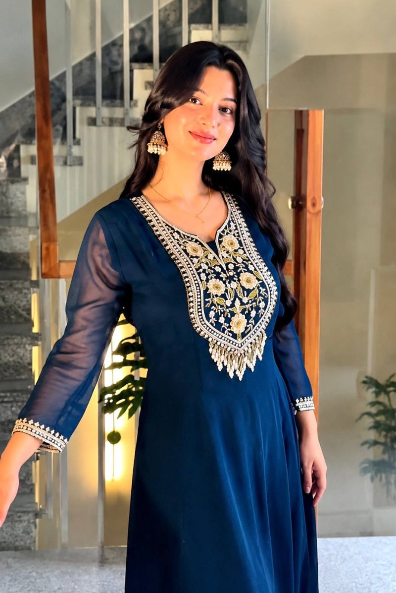 Midnight Blue Embroidered Faux Georgette Anarkali Suit Set with Dupatta