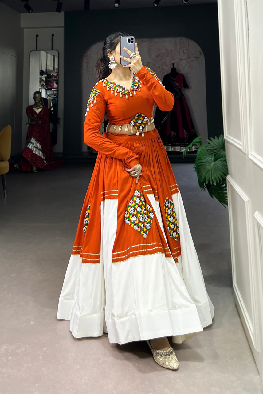 Orange & White Navratri Crop Top with Flared Lehenga Skirt