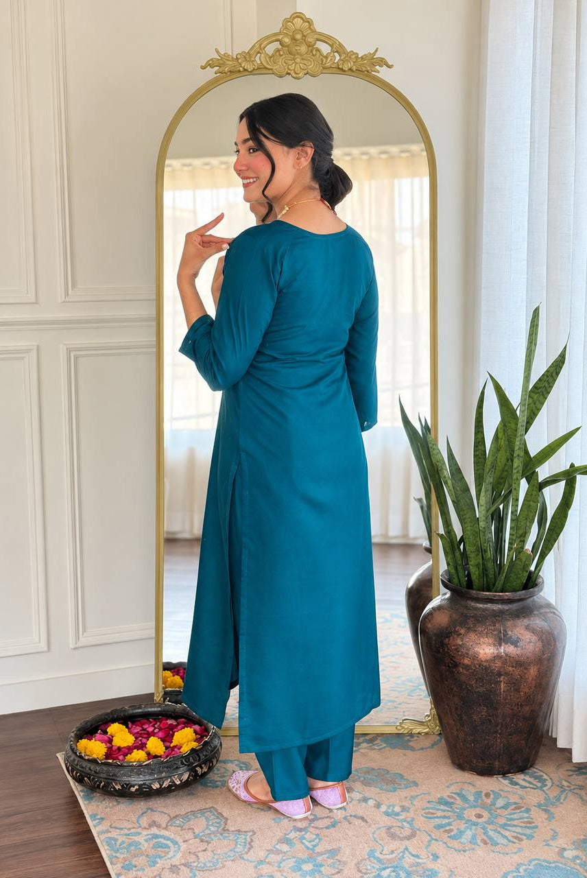 Teal Blue Embroidered Kurta Pant Set with Floral Printed Dupatta