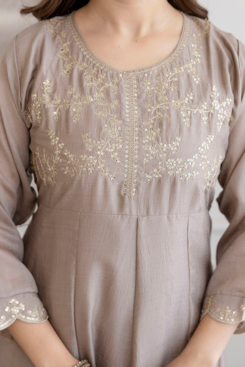 Taupe Embroidered A-Line Kurta Set with Dupatta