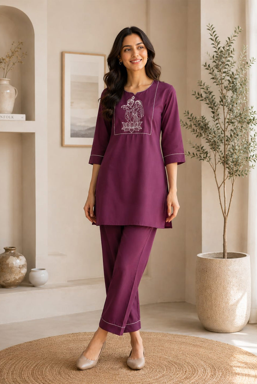 Plum Purple Embroidered Co-Ord Set for Women