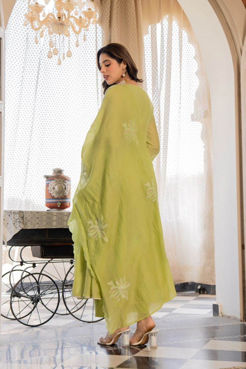 Lime Green Embroidered Kurta Set with Dupatta