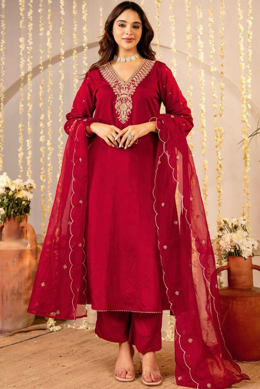 Ruby Red Embroidered Straight Kurta Set with Organza Dupatta
