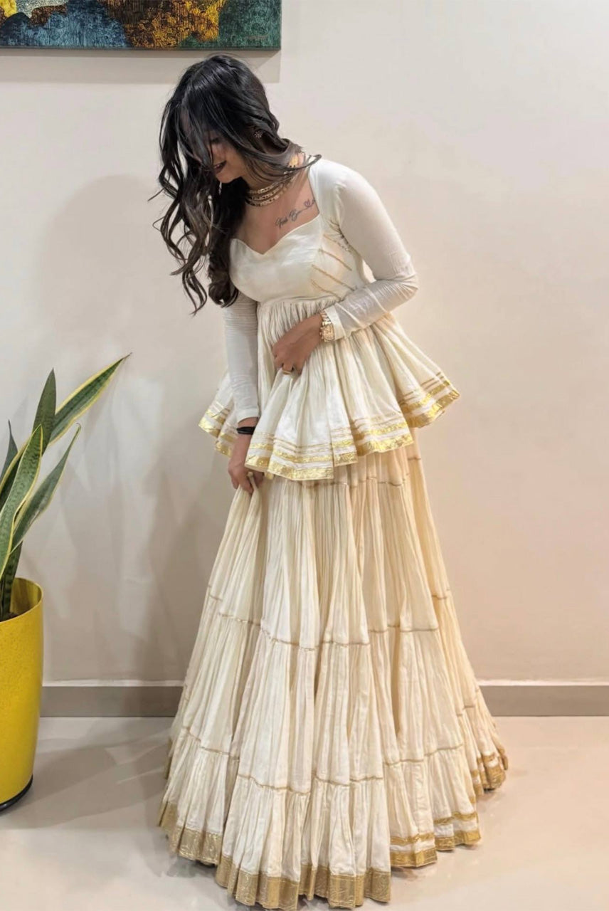 Ivory White Tiered Anarkali Gown with Ruffle Dupatta