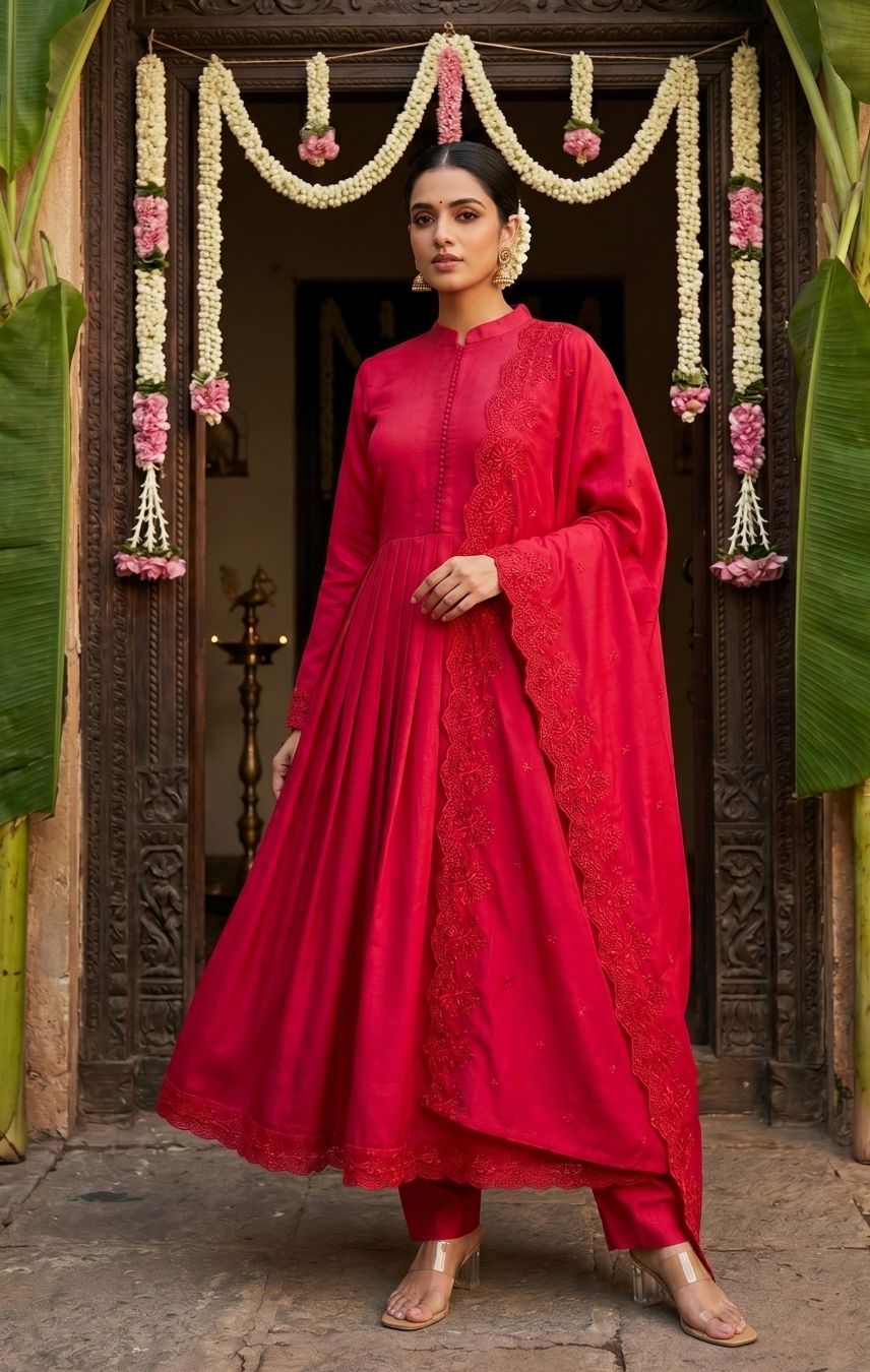 Ruhani Crimson Red Anarkali Kurta Set with Designer Dupatta