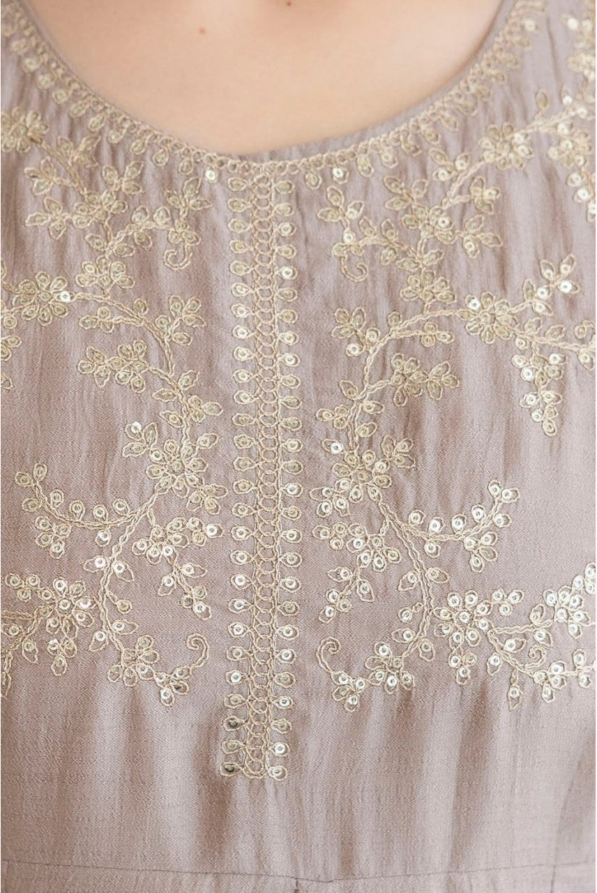 Taupe Embroidered A-Line Kurta Set with Dupatta