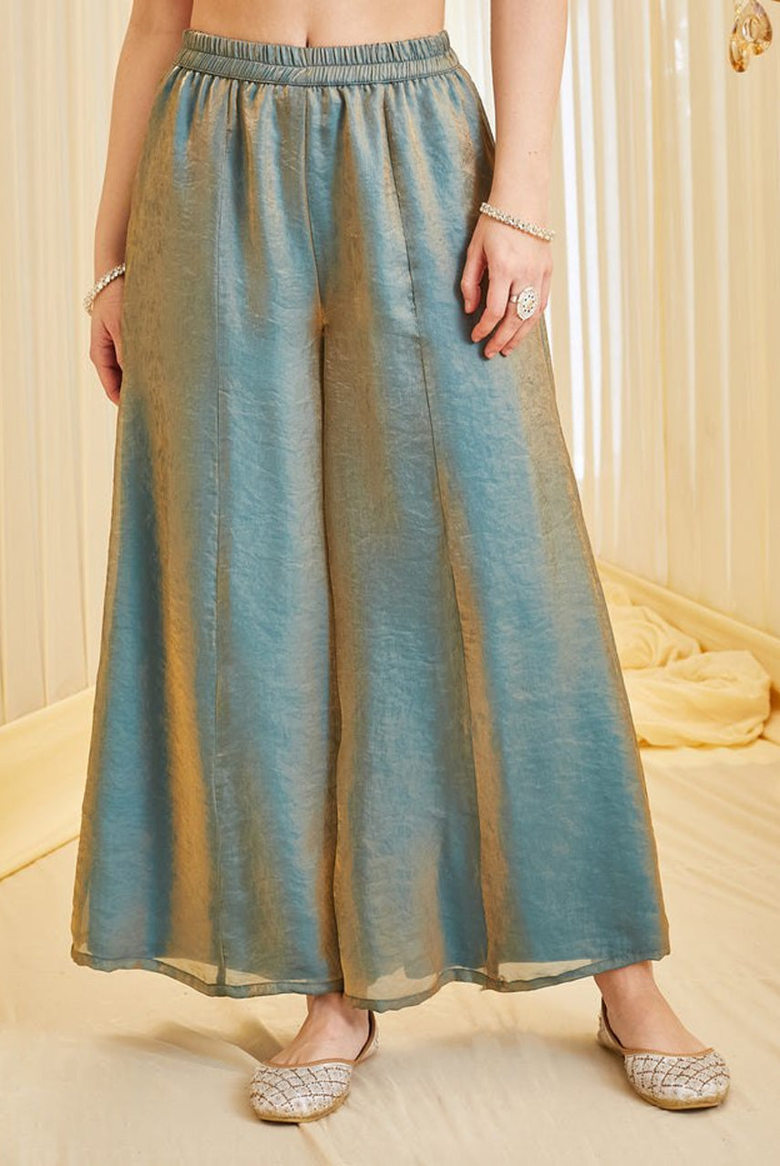 Dusty Sage Green Embroidered A-Line Kurta Palazzo Set with Dupatta