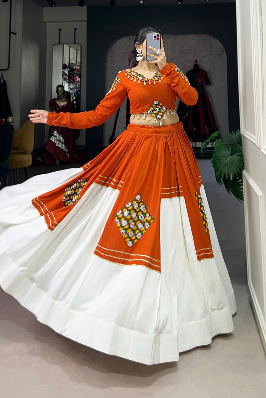 Orange & White Navratri Crop Top with Flared Lehenga Skirt
