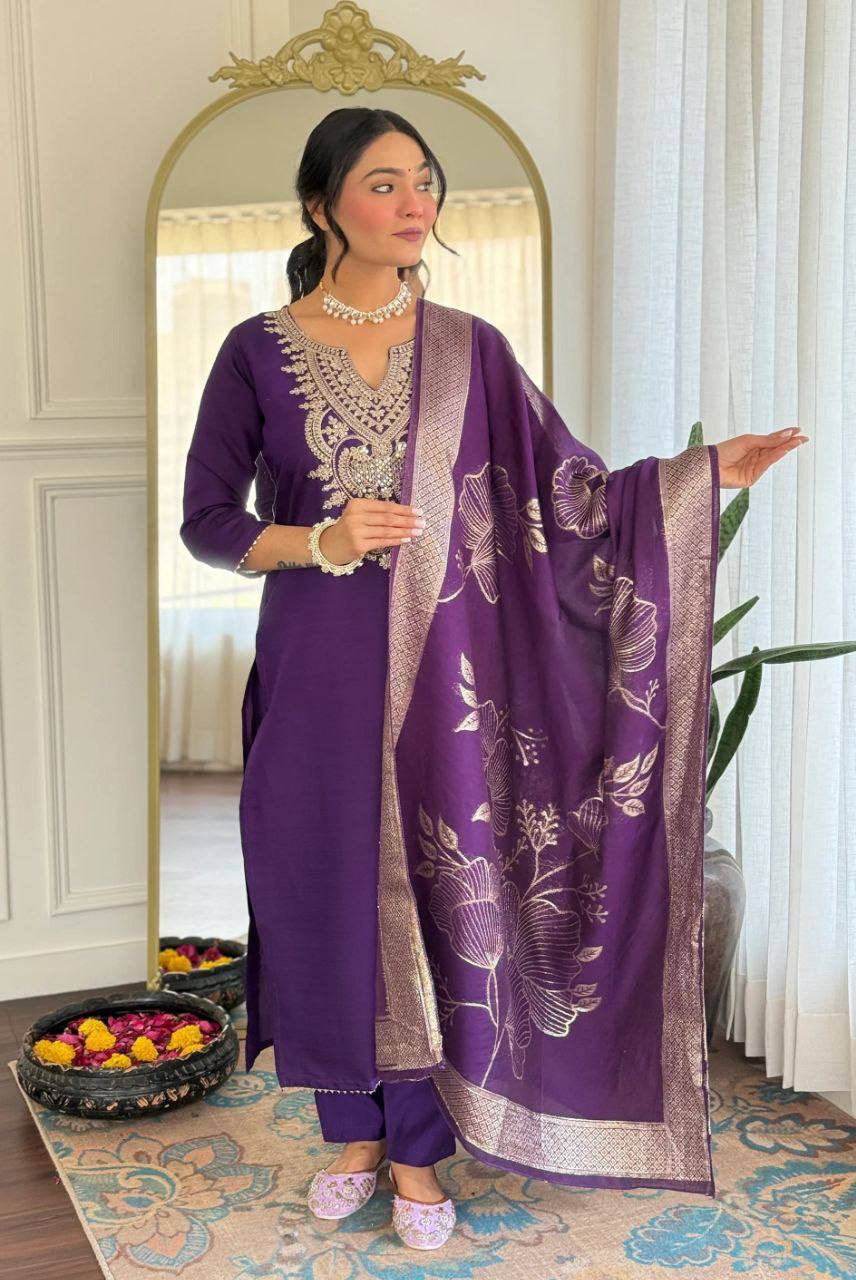Royal Purple Embroidered Kurta Pant Set with Floral Printed Dupatta