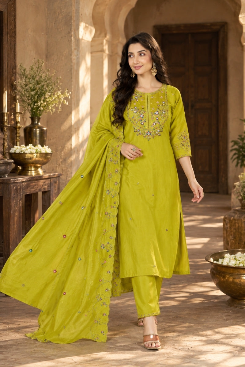 Lime Green Marina Silk Embroidered Suit Set with Dupatta