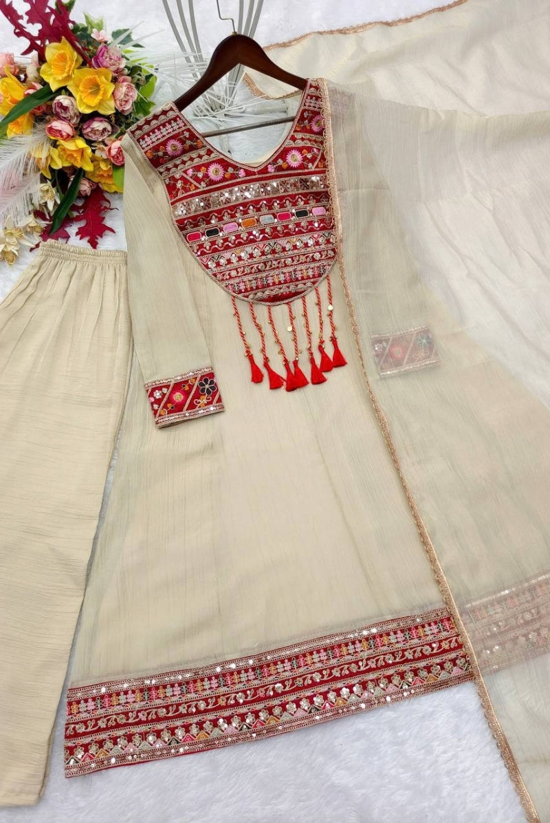 Ivory Embroidered Salsa Crush Silk Anarkali Pant Dupatta Set