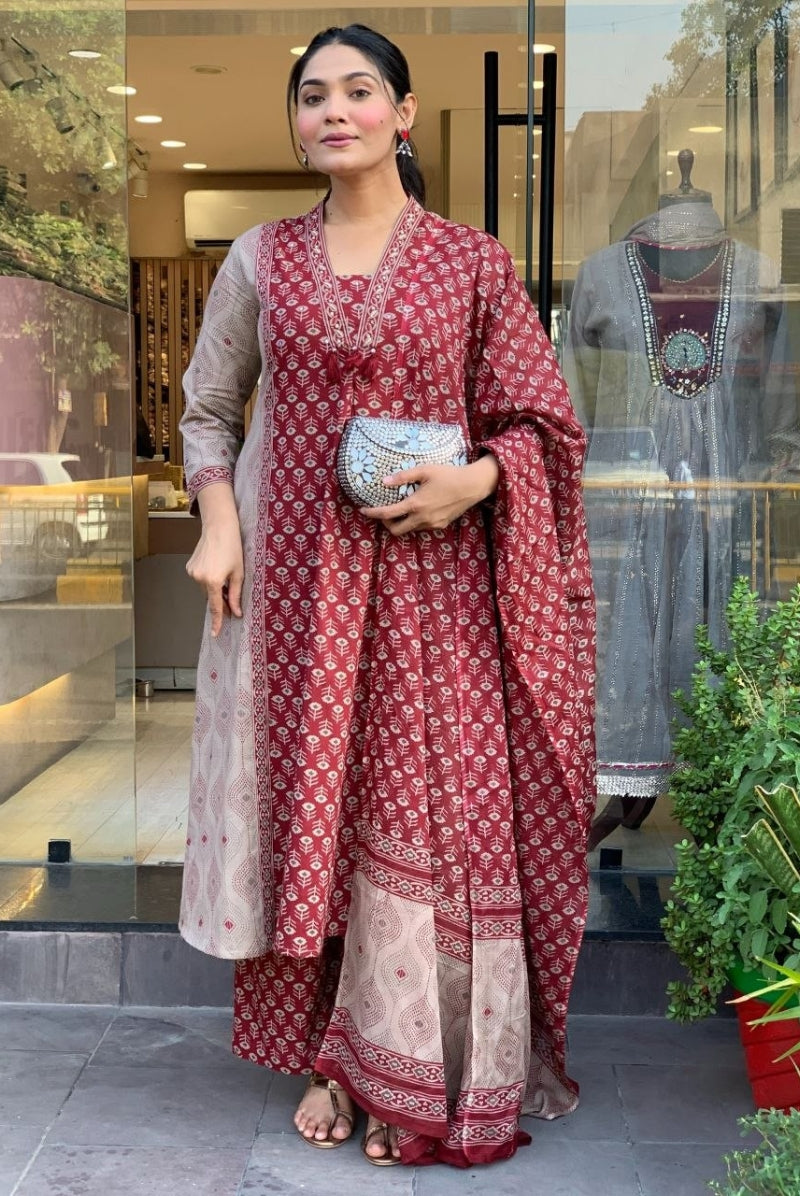 Maroon Printed Jaipur Cotton Suit Set with Dupatta