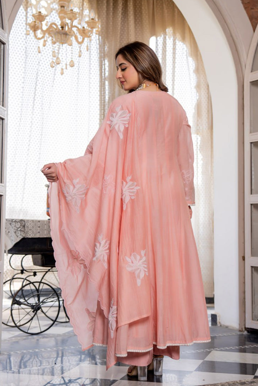Peach Embroidered A-Line Kurta Set with Dupatta