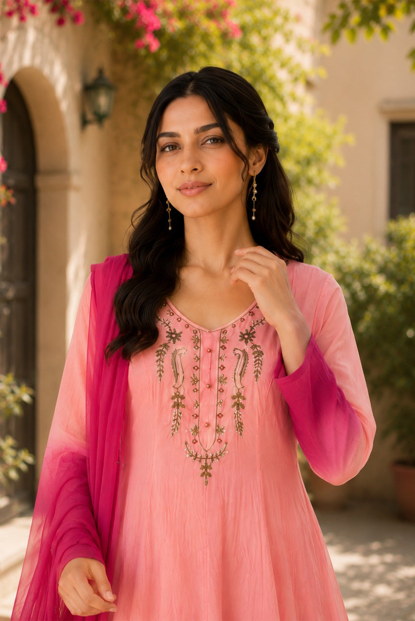 Ombre Pink Embroidered Anarkali Kurta Set with Dupatta