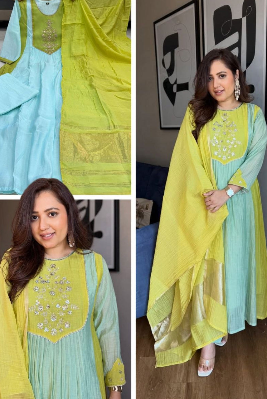 Lime Green & Mint Embroidered Anarkali Kurta Set with Dupatta