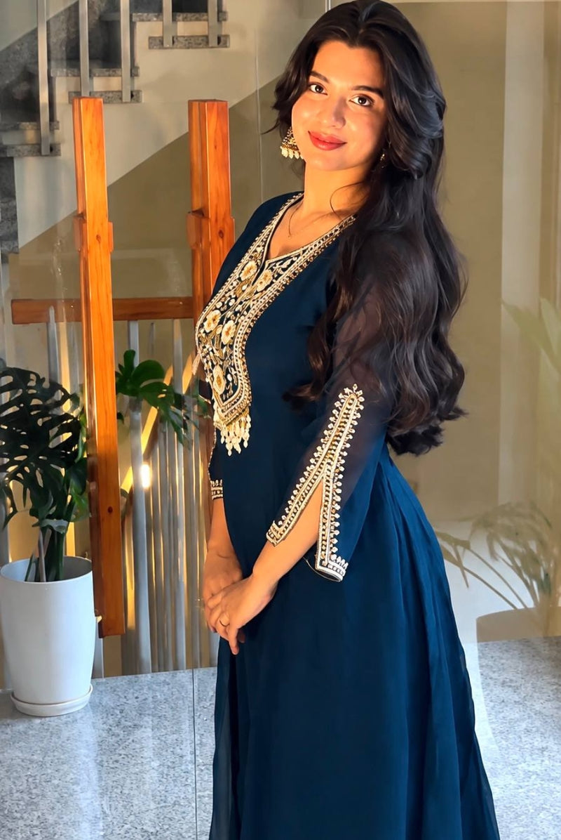 Midnight Blue Embroidered Faux Georgette Anarkali Suit Set with Dupatta